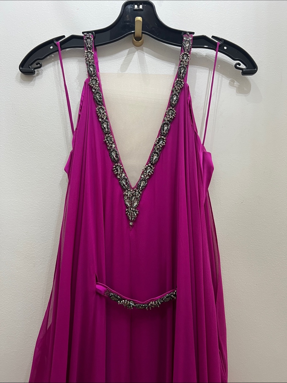 Theia Fuchsia Beaded V-Neck Maxi Gown - Picture 9 of 12